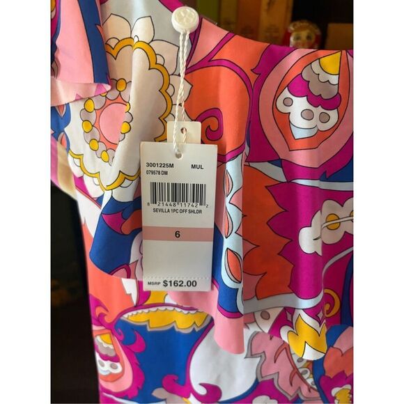 NWT Trina Turk Sevilla Ruffle Off Shoulder Pink Multicolor Swimsuit Size 6 - Picture 8 of 10